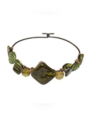 Gold Wire Wrapped Assorted Green Glass Beaded Bracelet Artisan Handmade Jewelry